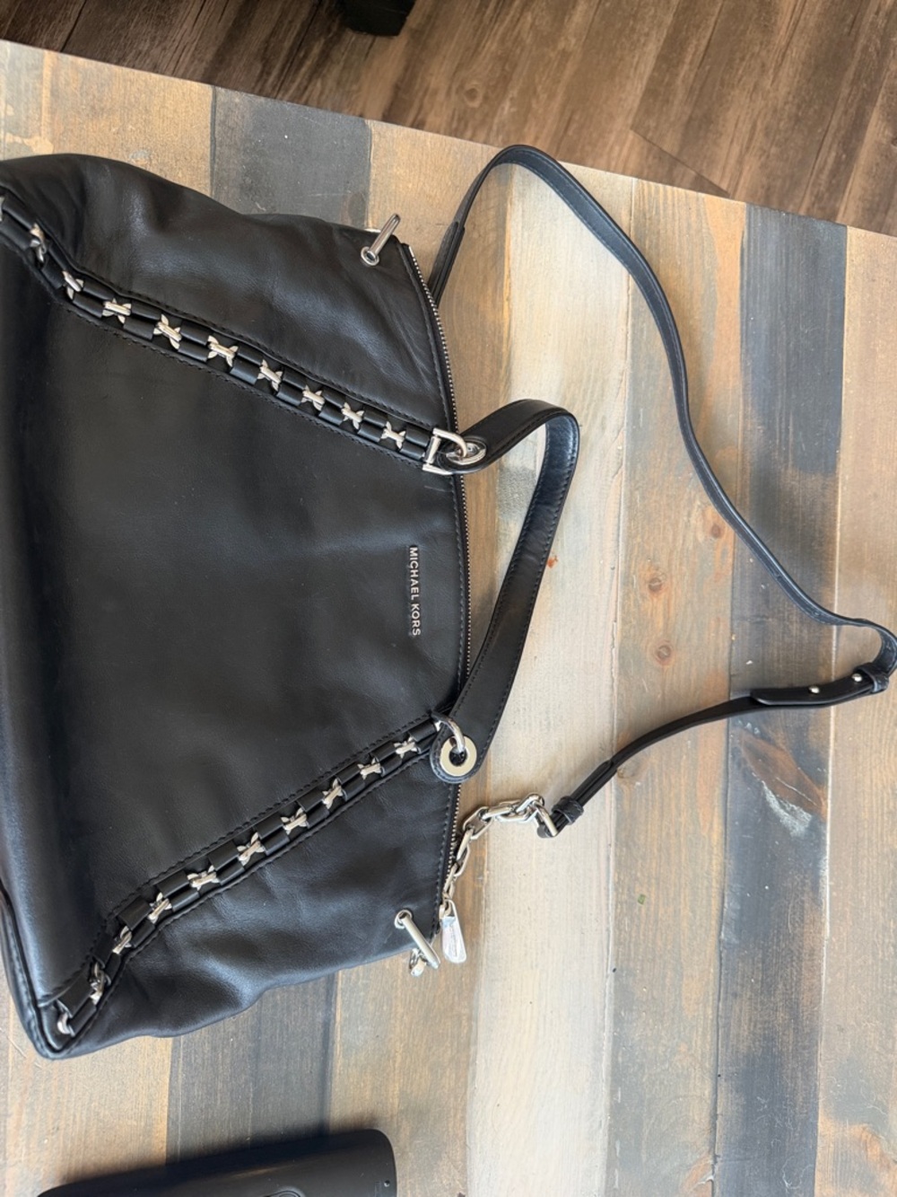 Michael Kors Black Leather Crossbody Bag with Silver Chain Detail